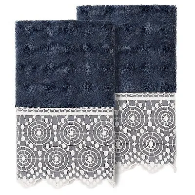 2pc Arian Cream Lace Embellished Hand Towels Navy Blue - Linum Home Textiles