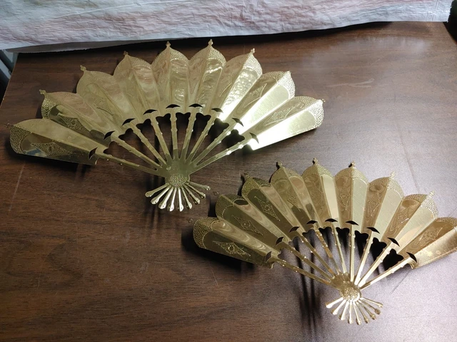 Vtg Home Interiors Pair Metal Gold Tone Asian Fan Wall Plaques Hanging Decor