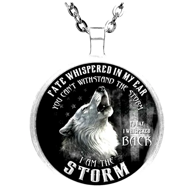 WOLF WORDS STORM STRONG Large Round Ring Shape Pendant Charm Silver 20" Necklace