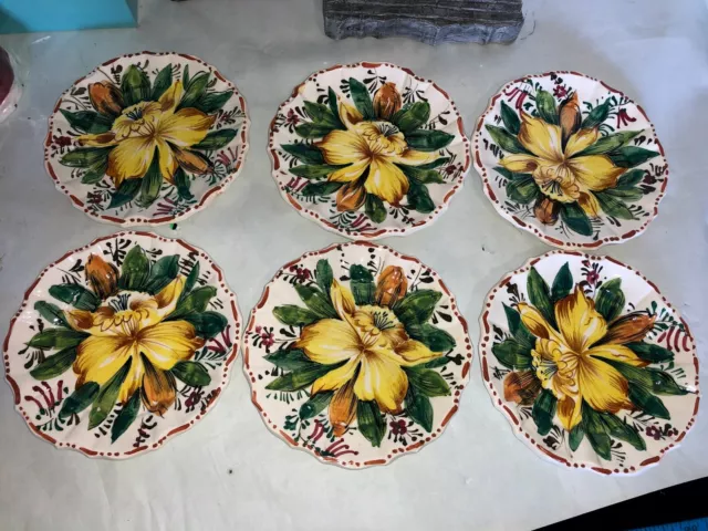 Set of 6 - kbny Italy --  Hand Painted Ceramic Plates - Floral Motif 6 1/2"