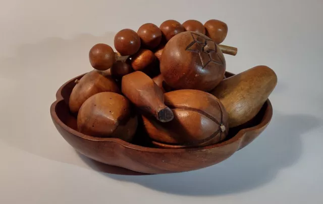 Vintage Wooden Centerpiece Fruit Bowl w/ 11 Carved Wooden Fruits