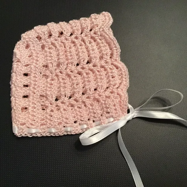 Crochet Doll Bonnet Light Pink with White Ribbon 9" x 9"