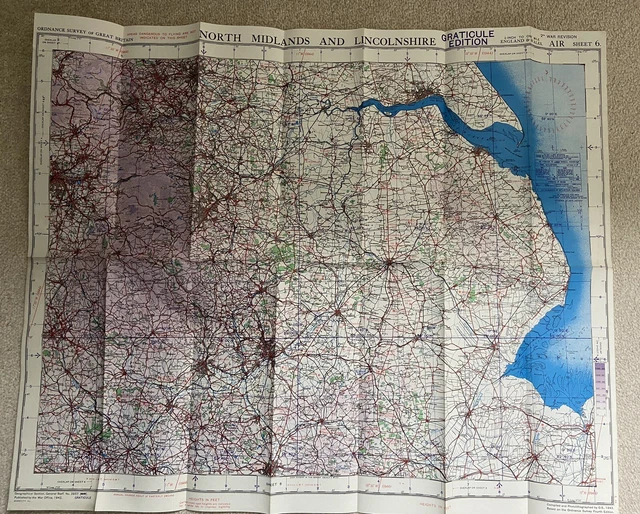 ORIGINAL 1943 WW2 RAF War Office map of North Midlands & Lincolnshire ...