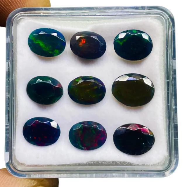 9 Pcs Natural Ethopian Black Opal 8.2-9.2mm Oval Cut Loose Gemstones Lot 7.6 Cts