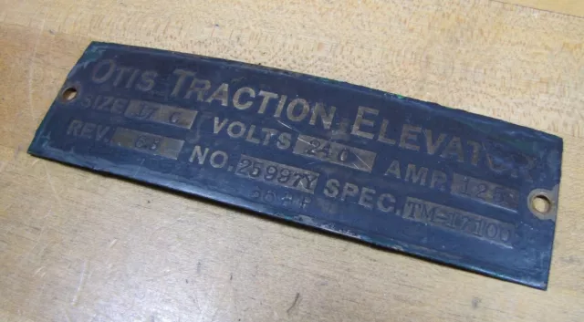 OTIS TRACTION ELEVATOR Orig Old Brass Sign Plaque Hardware Equipment Nameplate 3