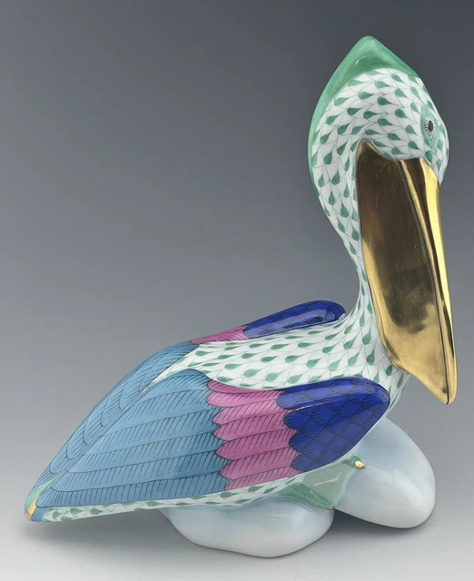 🦋 BRAND NEW HEREND Large PELICAN Bird Green Fishnet Figurine ($926 Retail)