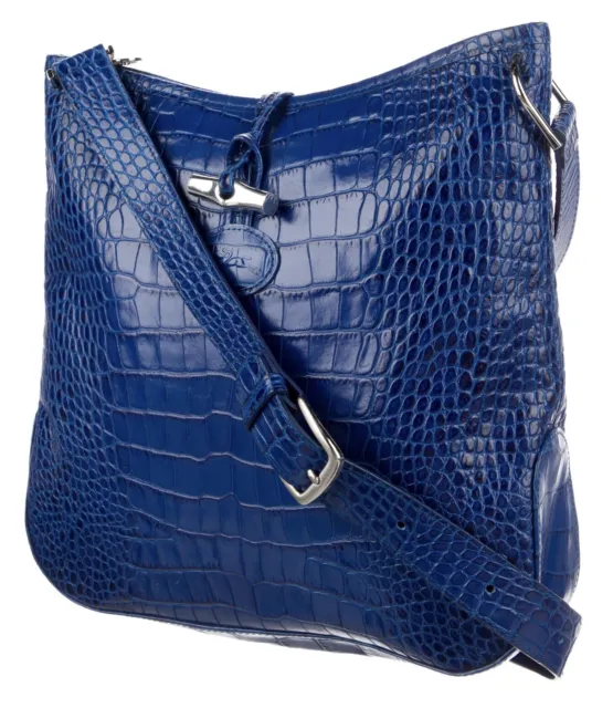 Longchamp CrossBody Shoulder Hand Bag Crocodile Embossed Roseau Leather Blue