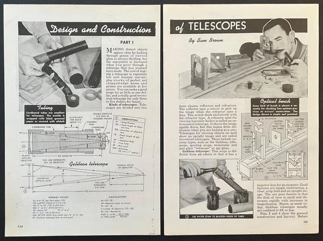 Diseño y Construcción de TELESCOPIOS 1945 PLANOS Galileo*Terrestre*Astronómico
