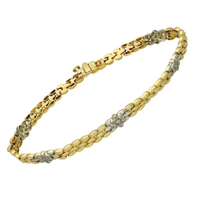 Ladies 9ct Yellow Gold Diamond Set Flower & Brick Link Bracelet