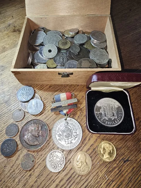 Old Plano Cigarillos Box, Stuffed Full Of World And British Coins And Medallions