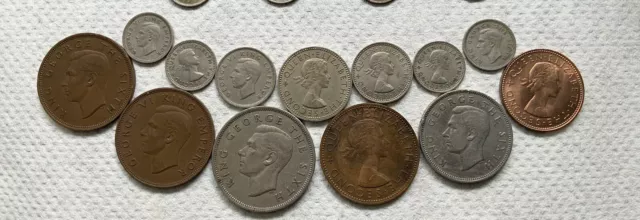 13 NZ Dif. Predecimal Type Coins. 2/6, 2/-, 1/-, 6d, 3d, 1d, 1/2d. 1965 To 1940s 3