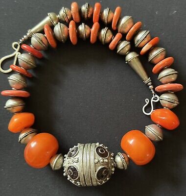 Tagmoute enameled Berber Chunky southern Egg & Orange copal Morrocan necklace