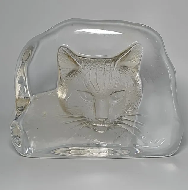 Cristal d'Arques Lead Crystal CAT Art Glass Paperweight Reverse Etched France 4"
