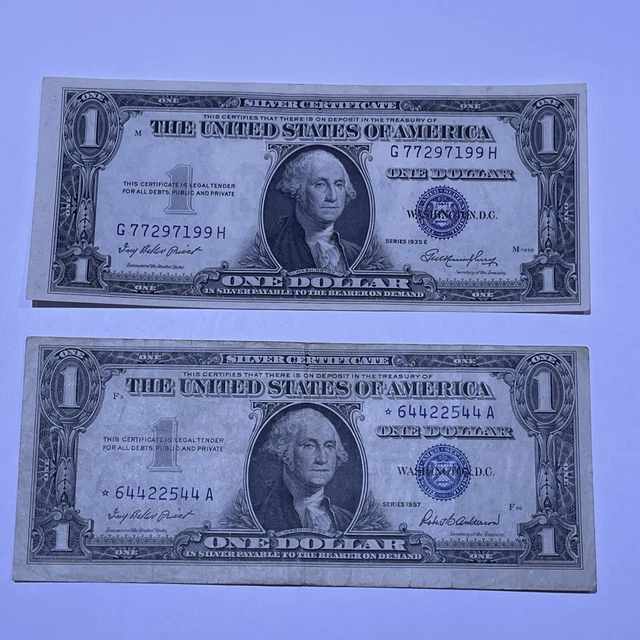 Lot of (2) 1935E and 1957 $ 1 Dollar Silver Certificate Blue Seal Notes. Nice.