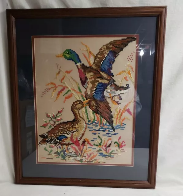 Vtg Handmade Cross Stitch Wall Art Needlepoint Frame Art Decor Duck Mallard 1222