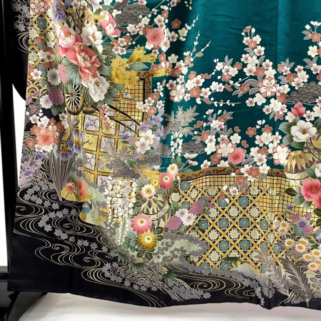 Japanese kimono SILK"FURISODE" long sleeves, Gold/Silver, Rowell,L5' 5"..3460 2