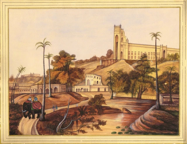 Main Peint Indien Peinture Miniature De Royal Palace Fort Sur Mountain Papier