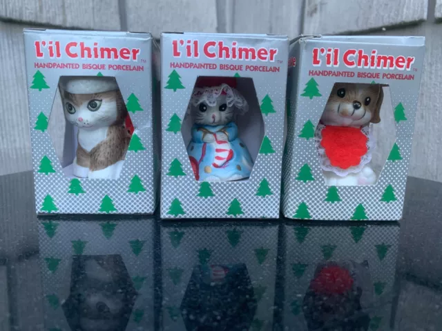 L'il Chimer Christmas Oarnament Lot Handpainted Bisque Porcelain Cat Dog Mouse
