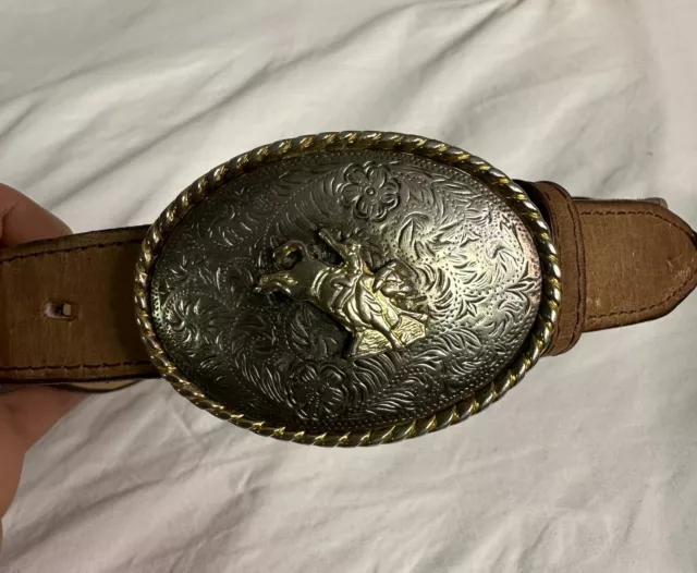 Ivan Rodeo Cowboy Bull Rider Bronc Ornate Gold Silver Inlay Vintage Belt Buckle.