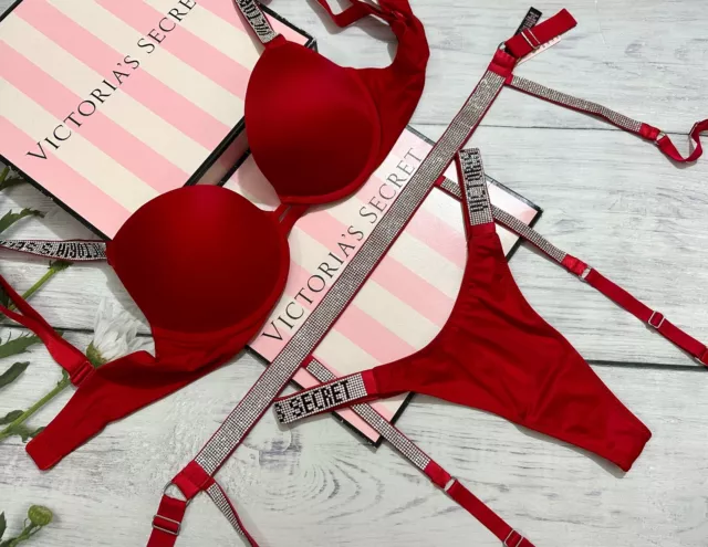 Victoria's Secret high-neck 32D,32DDD,34DDD BRA SET+garter RED crystallized  lace