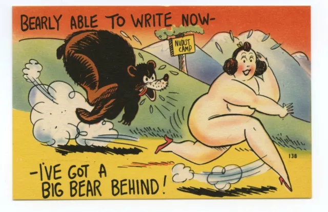 nudust 1954 VINTAGE POSTCARD Comic Bear Chasing Naked Fat Lady Rare A7646 $8.99 -  PicClick