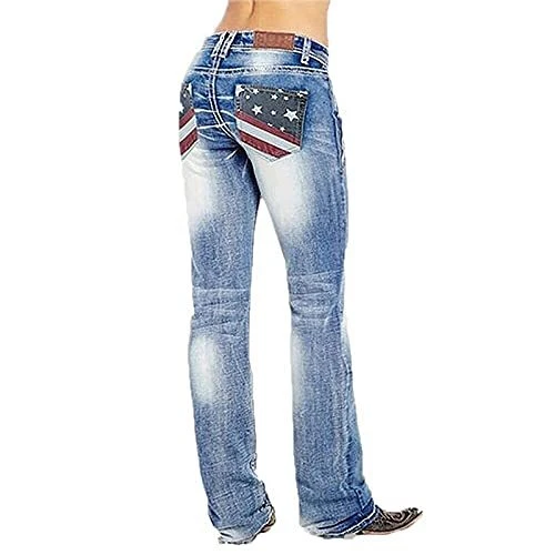QJBMEI American Flag Mid Rise Bootcut Jeans for Women Medium Light Blue