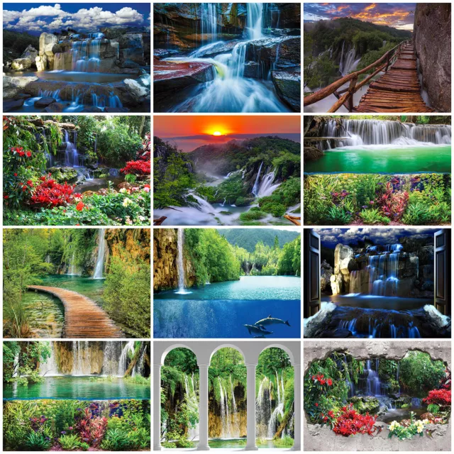 WASSERFALL 3D Tapete Fototapete Vlies Natur Fluss Steg Fenster Landschaft Wald