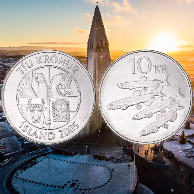 Icelander Coin Iceland 10 Kronur | Eagle Gammur | Capelin Fish | 1996 - 2008