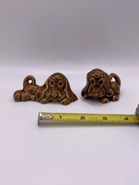 Vintage Mini Brown Pair of Basset Hound Ceramic Porcelain Figurines Trinkets