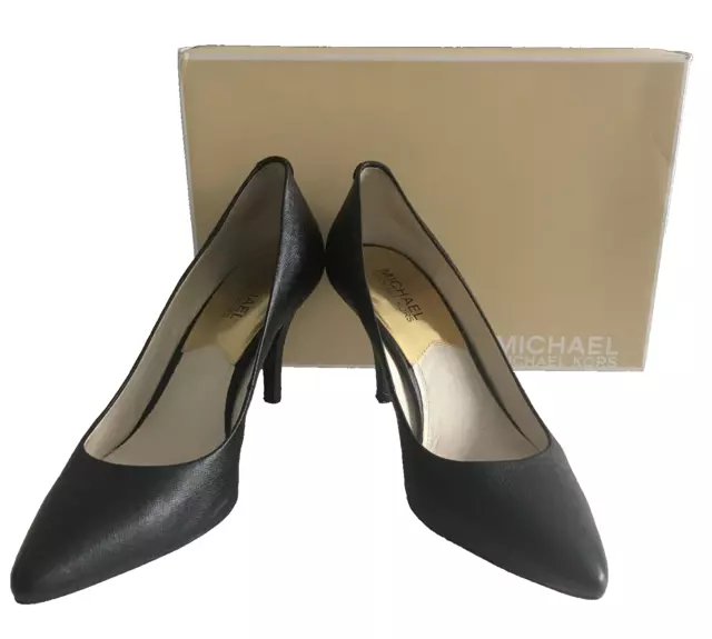 MICHAEL KORS Saffiano mid pump black leather high heel shoes-size 5.5-Boxed