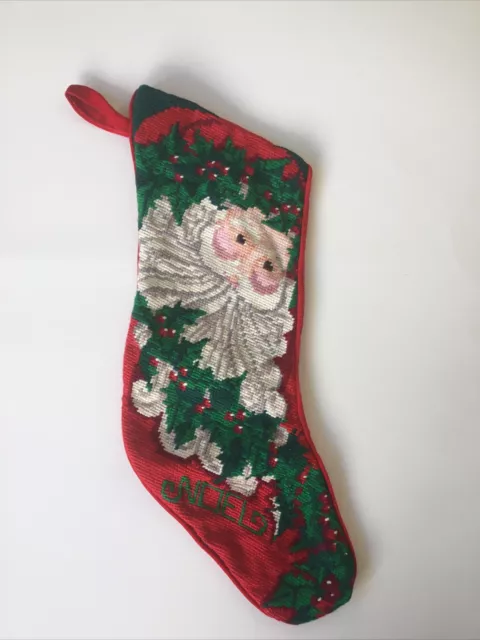 Vintage Santa Claus Noel Needlepoint Christmas Stocking, Red, Green, White.