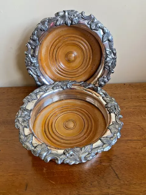 Pair Antique Old Sheffield Plate Wine Bottle Coasters