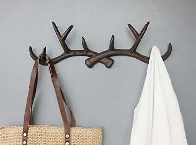 Deer Antler Coat Elk Rack Wall Key Hooks Cast Iron Towel Hat Hanger Rustic Brown