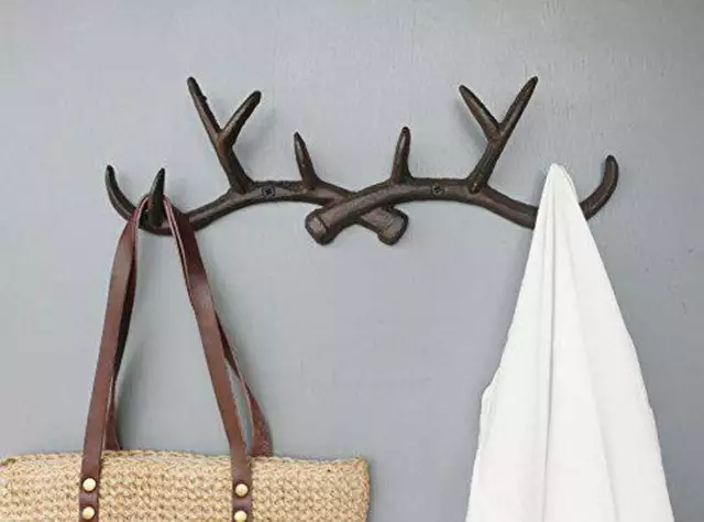Deer Antler Coat Rack Wall Key Hooks Cast Iron Metal Towel Hat Hanger Rustic