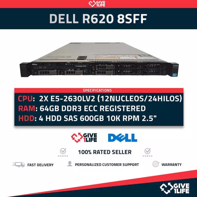 Servidor Rack DELL R620 8SFF 2x E5-2630Lv2 + 64GB RAM + H710 + 4x600GB NNM48