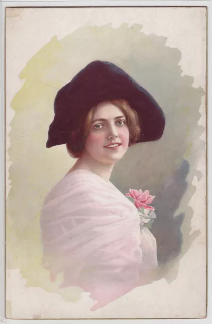 CPA - Charme, beauté, femme, illustrateur, Portrait au chapeau noir.