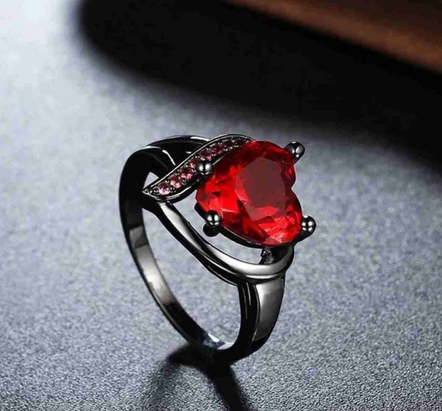 2.20 Ct Heart Cut Red Garnet Lab-Created Engagement Ring 14K Black Gold Finish .