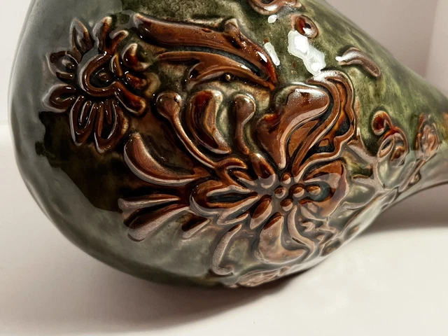 Large Ceramic Green Bird Figurine Brown Floral Glazed 6" Tall 2