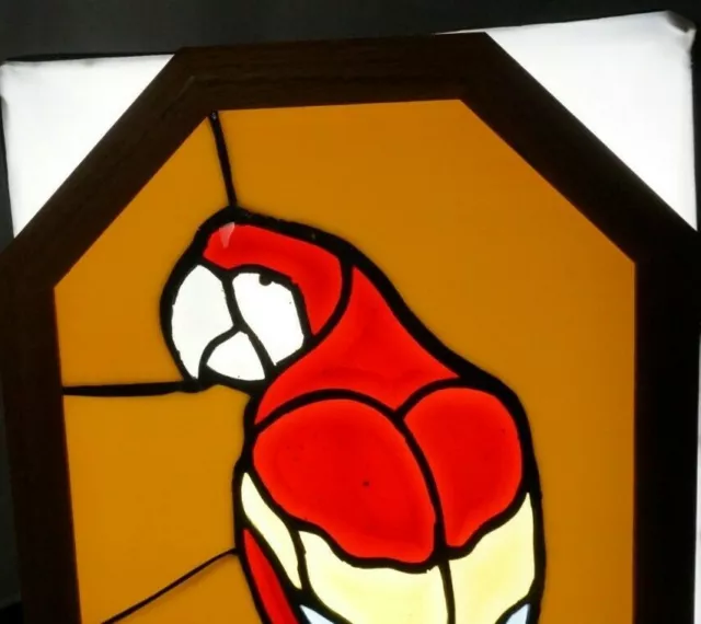 Window Faux Stained Glass Plastic Octagonal Red Macaw, 2.5" wood frame. 11x23.5 2