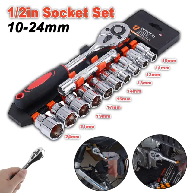 12PACK 1/2" Socket Ratchet Drive Set Heavy Duty Wrench Handle Metric Tool Quick