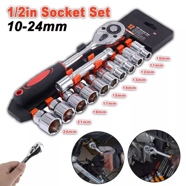 12PCS 1/2" Socket Ratchet Drive Set Heavy Duty Wrench Handle Metric Tool Kit UK