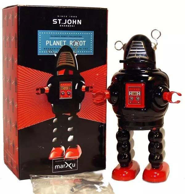 PLANET ROBOT Robby the Robot Wind Up Tin Toy Saint St. John Black - USA SELLER