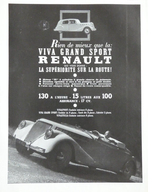 1938 Viva Grand Sport Renault Press Advertisement 130Km/H 15L/100Km
