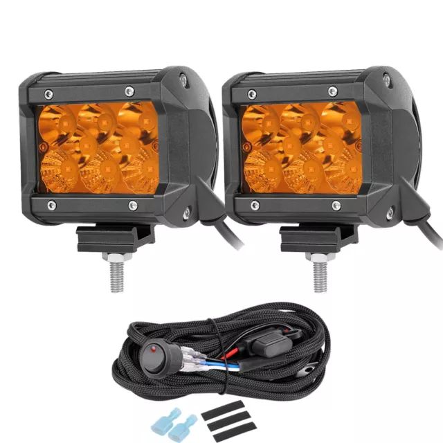 2x 3inch Amber LED Work Light Cube Pods Spot Flood Driving Offroad Wiring Kit