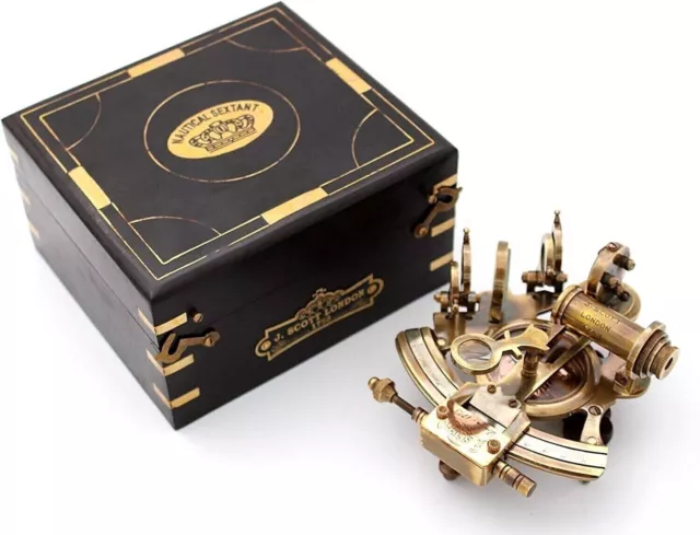 Vintage Nautical Antique Brass j scott london 5" Sextant with Wooden box gift