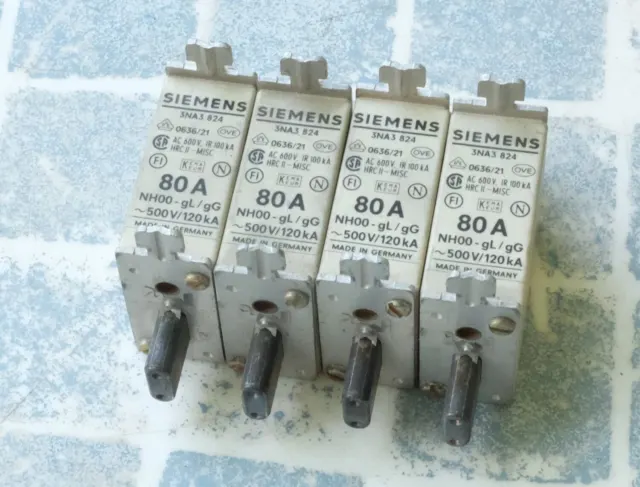 4x Siemens 3NA3824 fusible NH00 gL-gI 80A 500V. Lot de 4