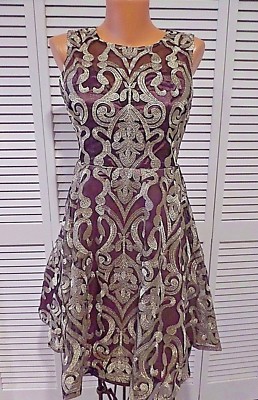 Liza Luxe Experienced in Opulence Dress M Fit & Flare Gold Embroidery Sz M Read
