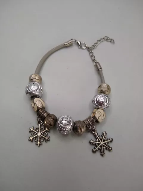 Vintage String Bracelet with Enamel & Metal Beads & Snowflake Charms - One Size
