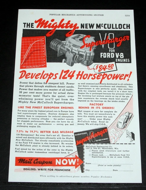 1937 OLD MAGAZINE PRINT AD, THE NEW McCULLOCH SUPERCHARGER FOR FORD V-8 ENGINES! 1937 OLD MAGAZINE PRINT AD, THE NEW McCULLOCH SUPERCHARGER FOR FORD V-8 ENGINES!