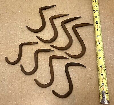 8 Antique Hand Forged Wrought Iron Beam Hooks Barn Mantle Meat Butchering
